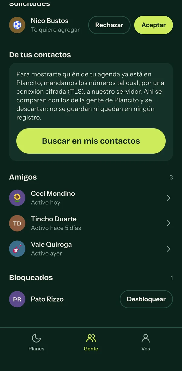 La pantalla Tu gente: arriba una solicitud de Nico Bustos con Rechazar y Aceptar; abajo la lista de amigos —Ceci Mondino “Activo hoy”, Tincho Duarte “Activo hace 5 días”, Vale Quiroga “Activo ayer”— y al final Bloqueados, con Pato Rizzo y el botón Desbloquear.